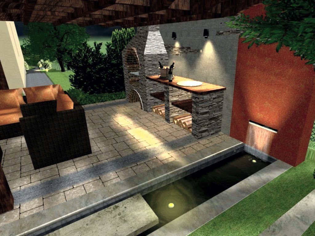 Pergola with fireplace, water feature and lighting at night