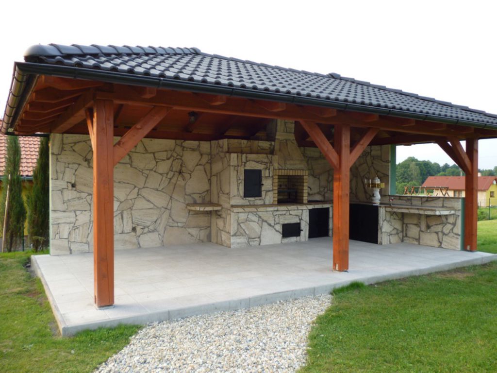 Gazebo with outdoor fireplace and smokehouse and small attention