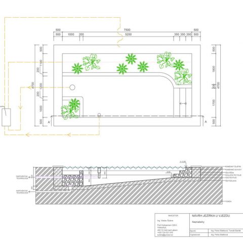 Floor plan of the technical detail and section of a garden pond