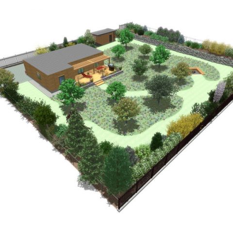 Moderate garden with lawn and fireplace